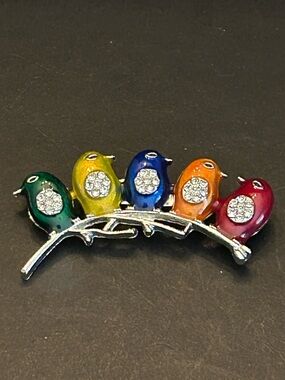 Mint Multicolor Enamel Birds on a Branch Brooch w/Crystal Accents Silver-Tone